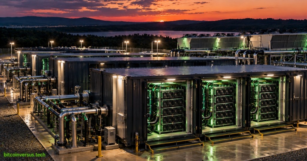 Editorial illustration of a hydro-cooled Bitcoin mining campus with modular containers, coolant piping, dry coolers and green-lit ASIC racks at dusk