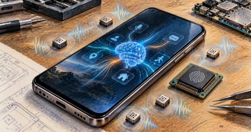 Realistic color-pencil editorial illustration of an AI-native smartphone with always-on microphones, a low-power neural processor, and on-device sensing.
