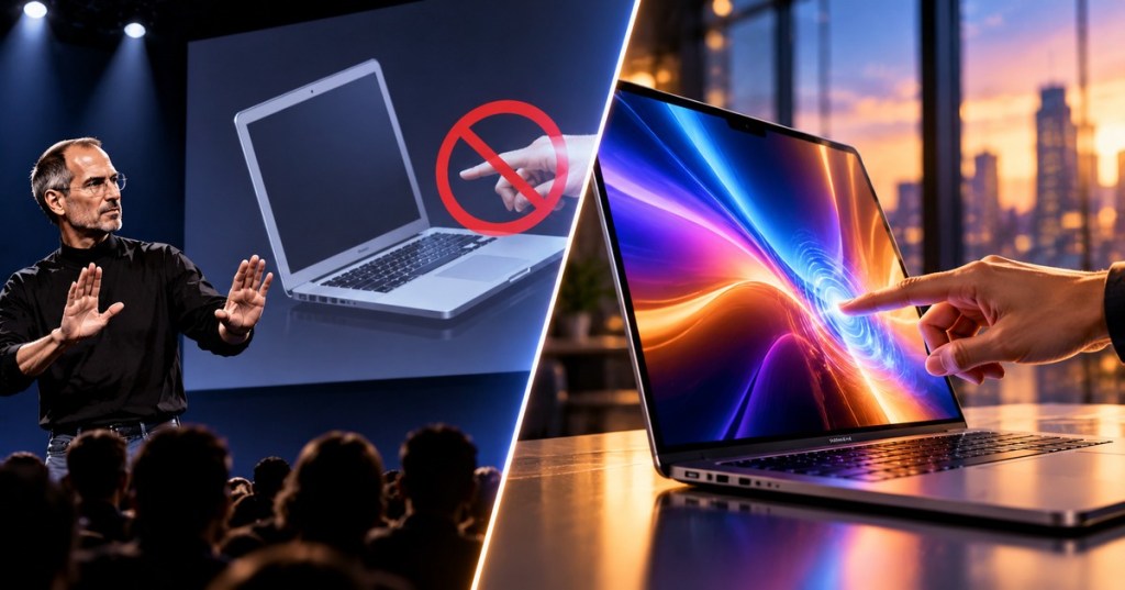 Original split-screen editorial artwork contrasting Steve Jobs-era resistance to touchscreen laptops with a modern laptop operated by touch