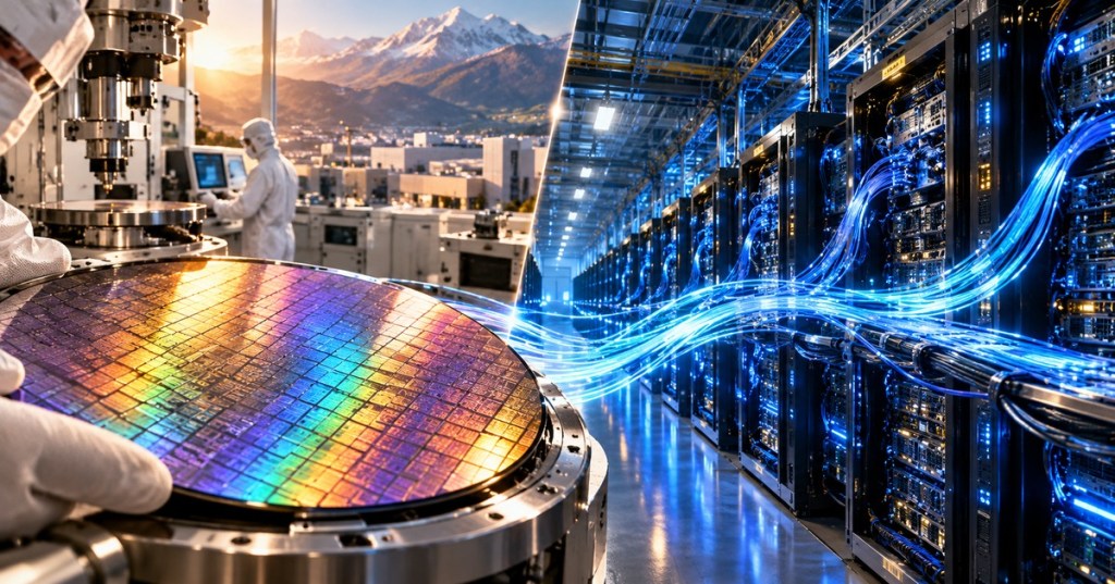 Original editorial diptych showing an iridescent semiconductor wafer in a cleanroom and blue-lit optical data center racks
