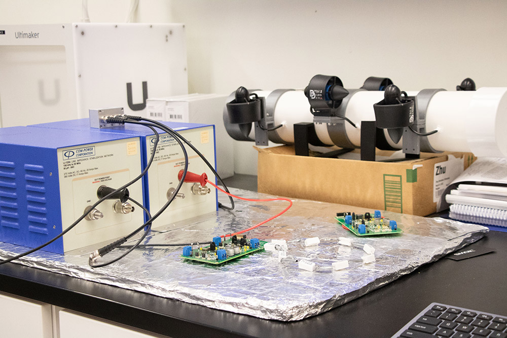 Power electronics and underwater energy-conversion prototypes in Stony Brook University's Spellman High Voltage Power Electronics Lab.