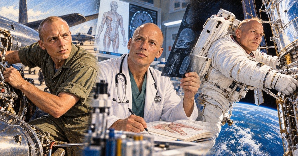Illustrated career portrait of Story Musgrave as an aircraft mechanic, physician-scientist, and astronaut repairing a space telescope
