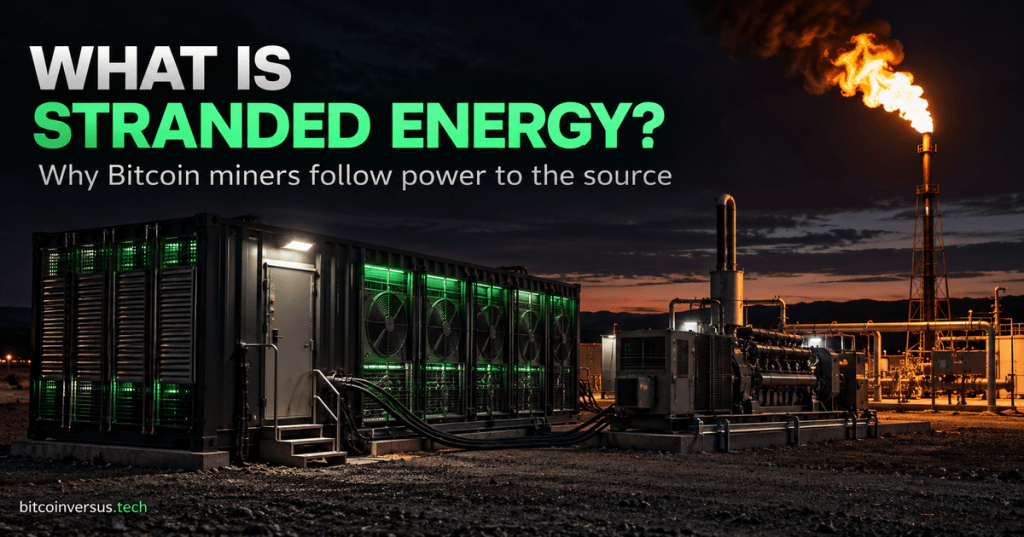 Realistic remote Bitcoin mining container beside on-site gas generators and a flare stack, illustrating stranded energy converted into computing power.