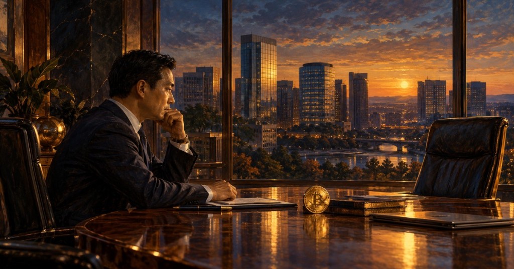 Oil painting of a finance executive in a boardroom overlooking a city at sunset, with a Bitcoin coin on the table