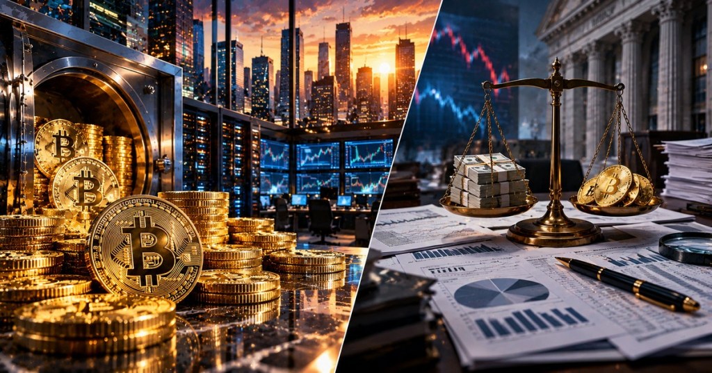 Original editorial split-screen depiction of Bitcoin reserves and institutional credit analysis, with financial charts and scales.