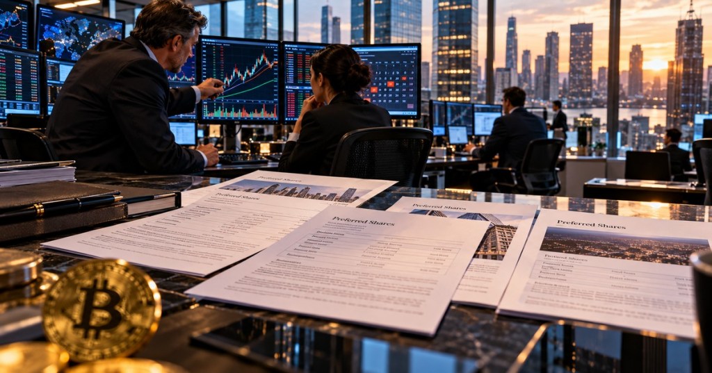 Realistic editorial illustration of institutional investors reviewing financial market screens and preferred stock documents as Bitcoin-linked capital markets evolve