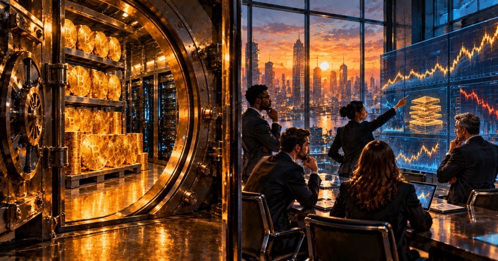 Original wordless split-screen illustration of symbolic gold Bitcoin coins in a vault and analysts reviewing financial market charts
