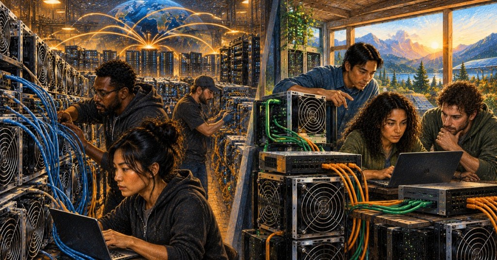 A diverse Bitcoin mining engineering team works across a split mining facility representing legacy Stratum V1 infrastructure and a newer miner-controlled Stratum V2 architecture.