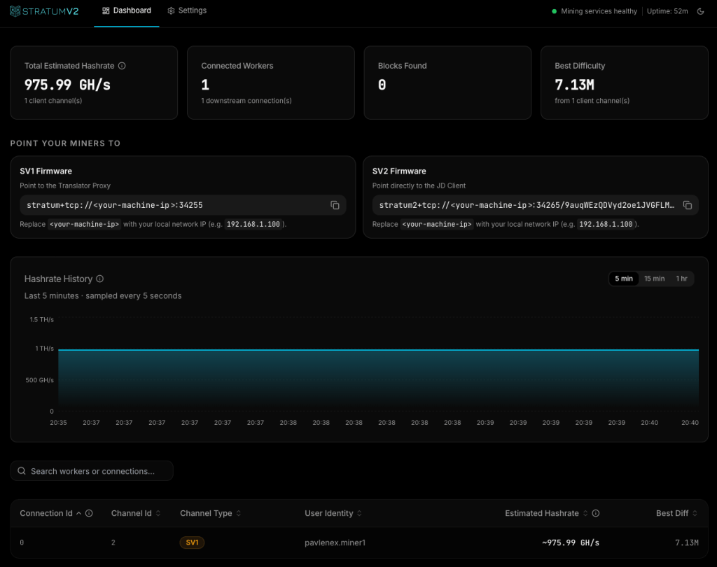Stratum V2 dashboard showing worker hashrate, channel information, and separate Stratum V1 and Stratum V2 connection endpoints.