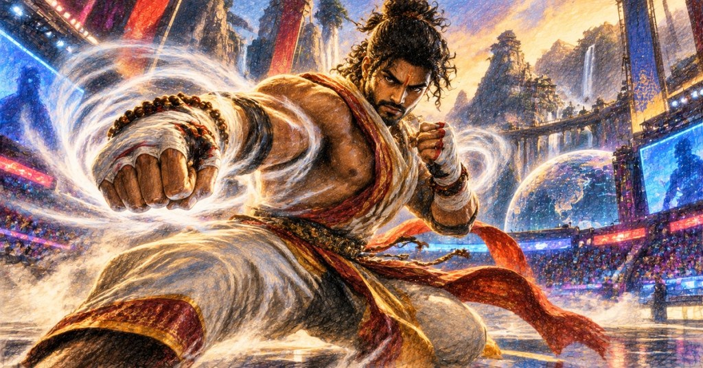 Original fighting-game cover art of a South Asian martial artist using wind-like breathing techniques in a futuristic arena.