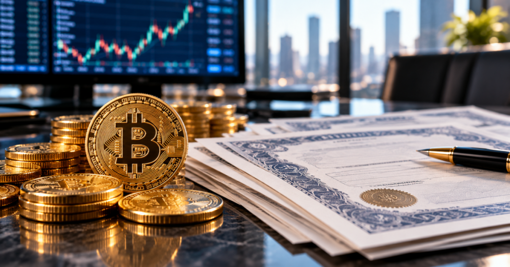 Original conceptual realistic photograph of Bitcoin coins beside financial preferred-stock papers in a modern office, representing Strive's BTC purchase and SATS offering.