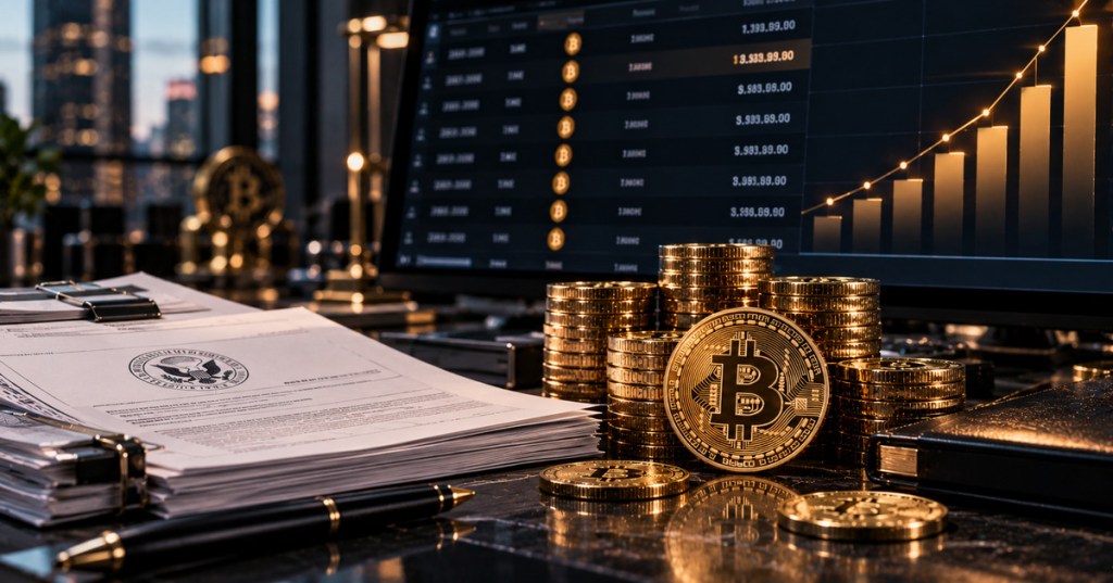 Bitcoin treasury scene with SEC filing documents, stacks of bitcoin coins, and a corporate holdings dashboard.