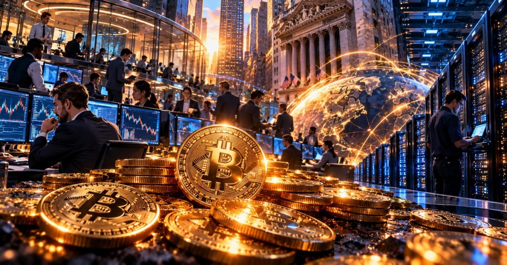 Detailed editorial blend of photography and illustration showing Bitcoin coins, institutional market traders and a data center in cinematic light