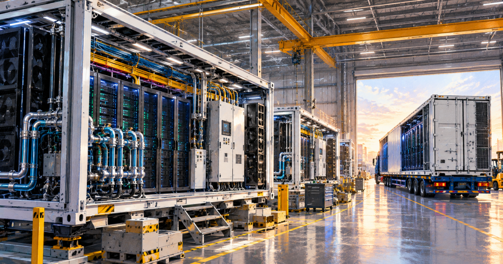 Colored-pencil-style illustration of factory-built modular AI data center units with server racks, liquid cooling, power systems, and one completed module ready for transport.