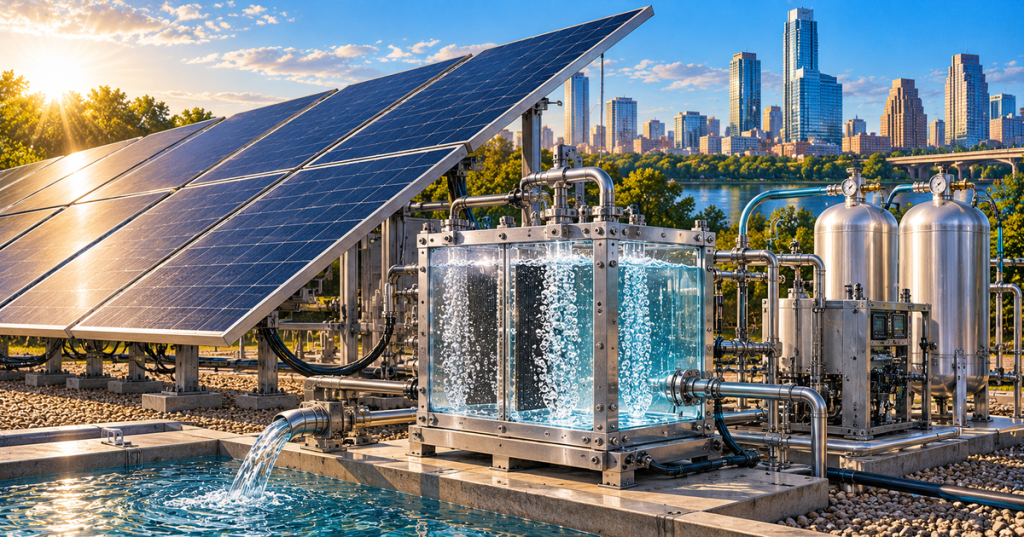 Illustration of a solar-powered hydrogen production system using sunlight and water with solar panels, a water-splitting reactor and hydrogen storage equipment.
