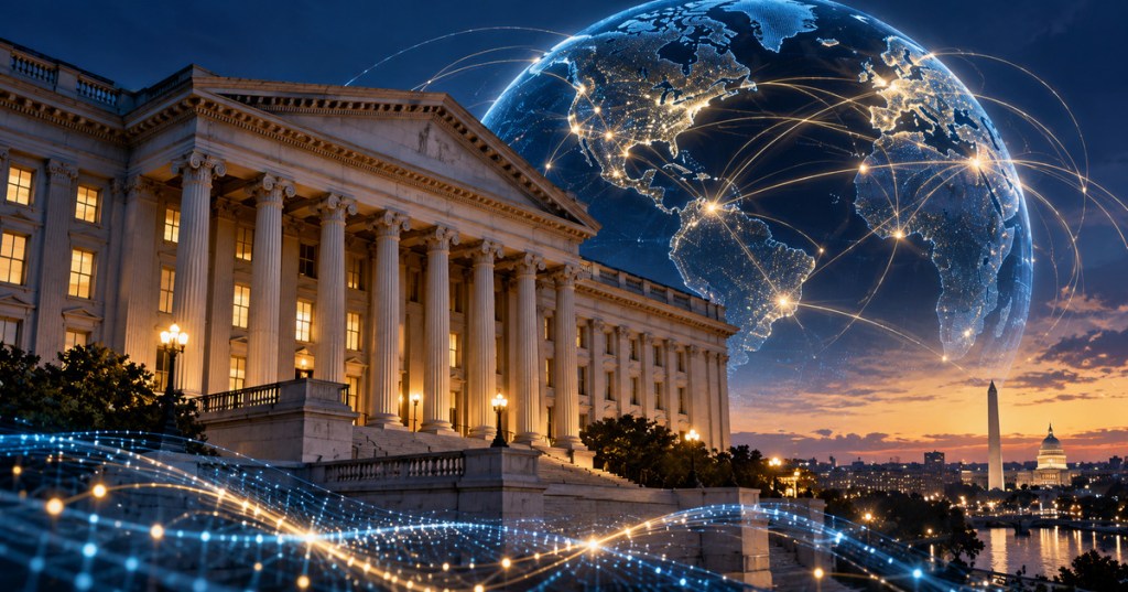 Editorial image of a U.S. government building connected to a glowing digital globe, representing global artificial intelligence policy.