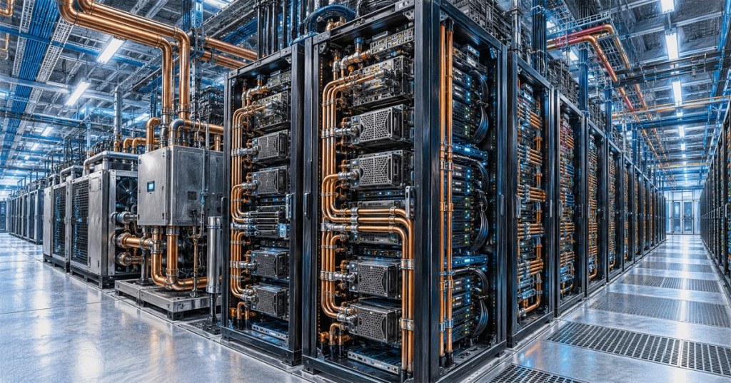 Detailed color-pencil illustration of liquid-cooled AI server racks, cables and plumbing in a modern data center.