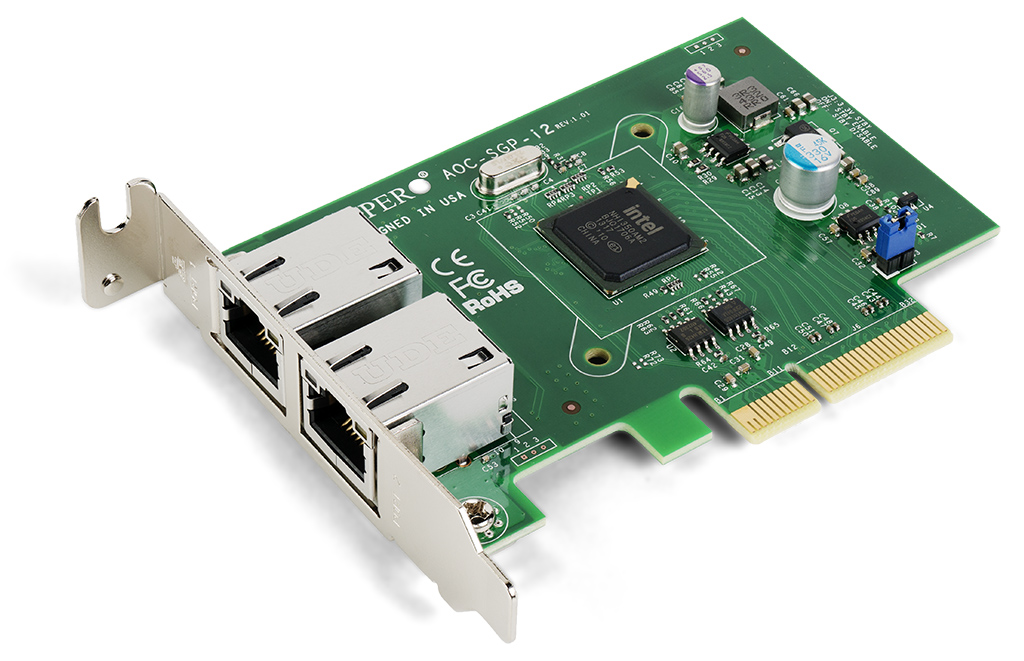 A low-profile Supermicro dual-port Gigabit Ethernet network interface card with two RJ45 ports.
