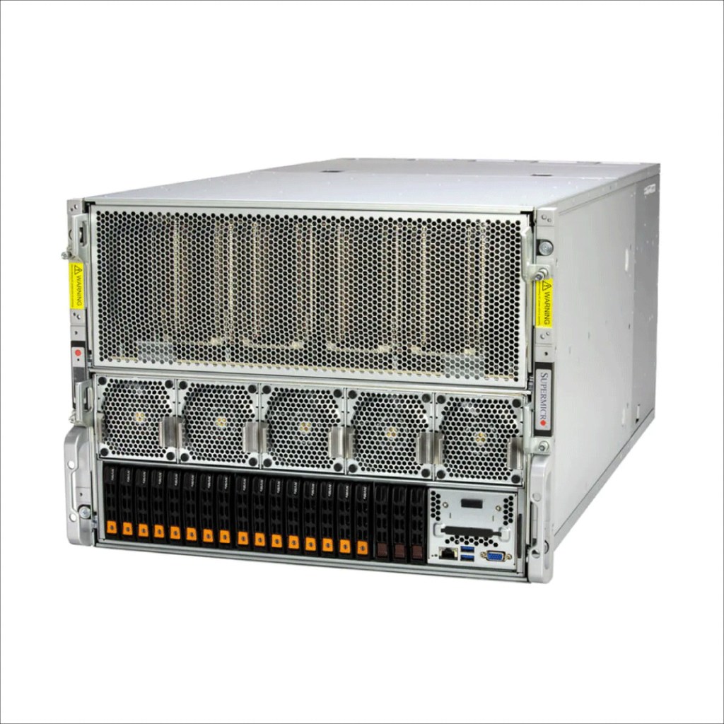 A Supermicro 8U GPU server configured for NVIDIA HGX H100 accelerators, illustrating the class of high-end AI server hardware covered by U.S. export controls.