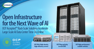 Supermicro Open Compute Project rack-scale AI systems with servers, in-rack cooling and networking hardware.