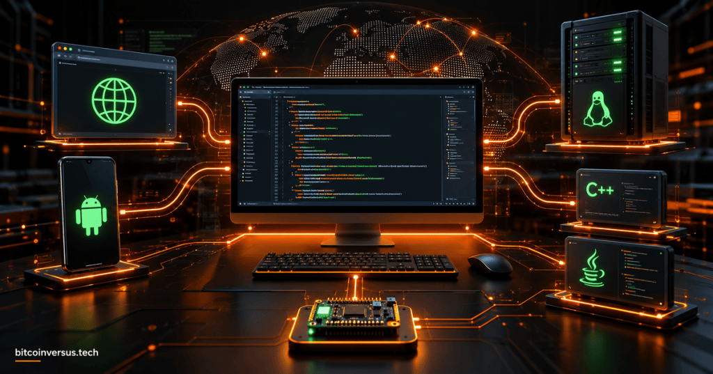 Futuristic coding workstation linking browser, Android, Linux, C++, Java, and embedded targets with orange and neon-green data paths.