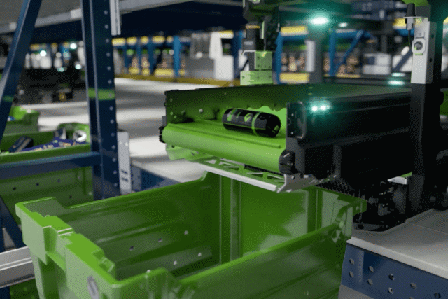 Symbotic green BreakPack robotic system sorting products into a green plastic tote