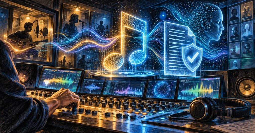 Colored-pencil illustration of an AI-assisted recording studio with music licensing and artist-rights verification.