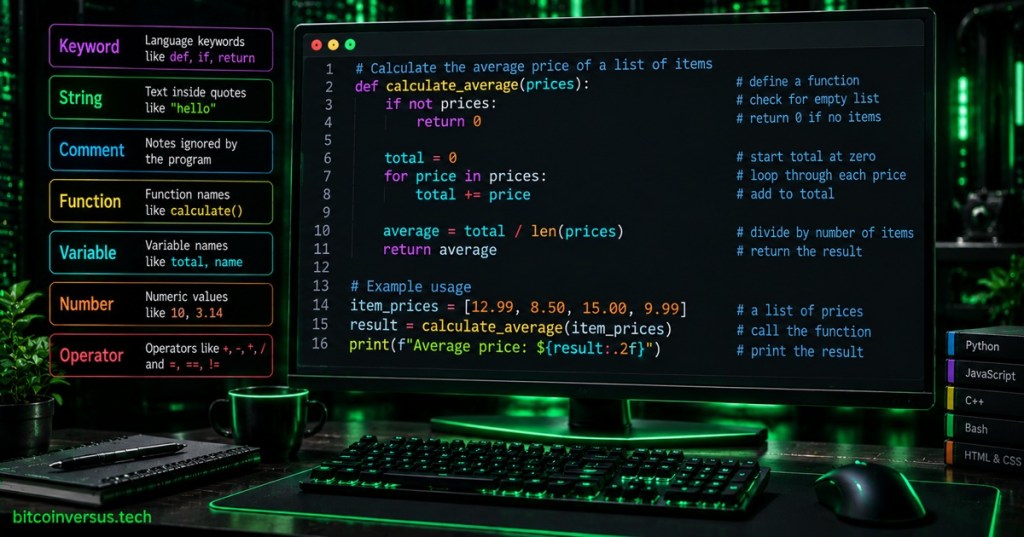 Dark neon-green programming workstation showing color-coded Python code and a legend for keywords, strings, comments, functions, variables, numbers, and operators.