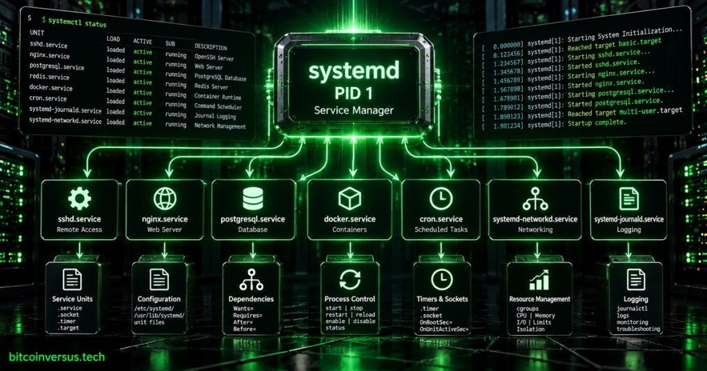 Dark technical illustration of systemd as PID 1 managing Linux services, logs, dependencies, timers, and system units.