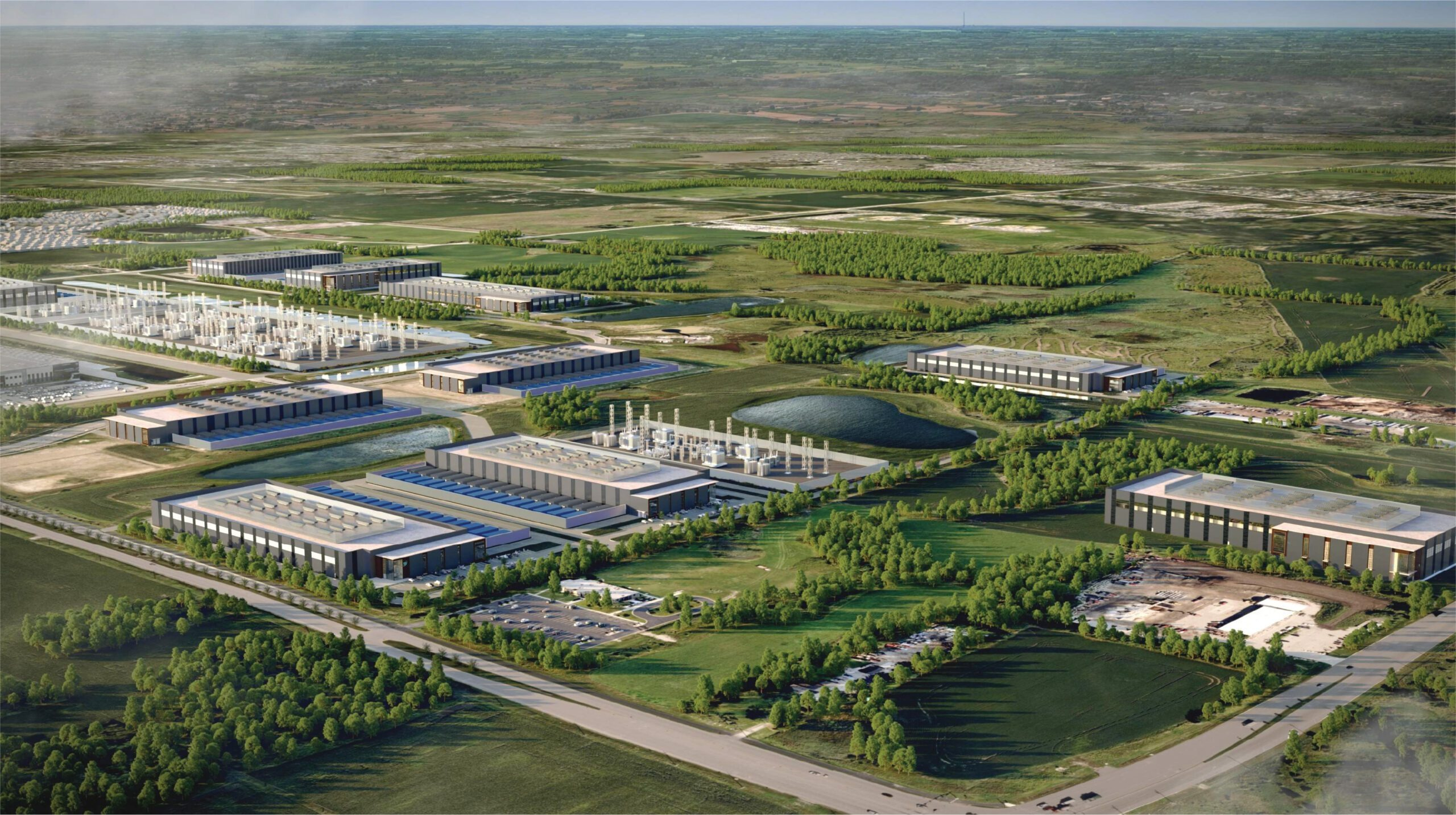 Aerial rendering of planned data center buildings among landscaping and retention ponds at T5 Chicago IV