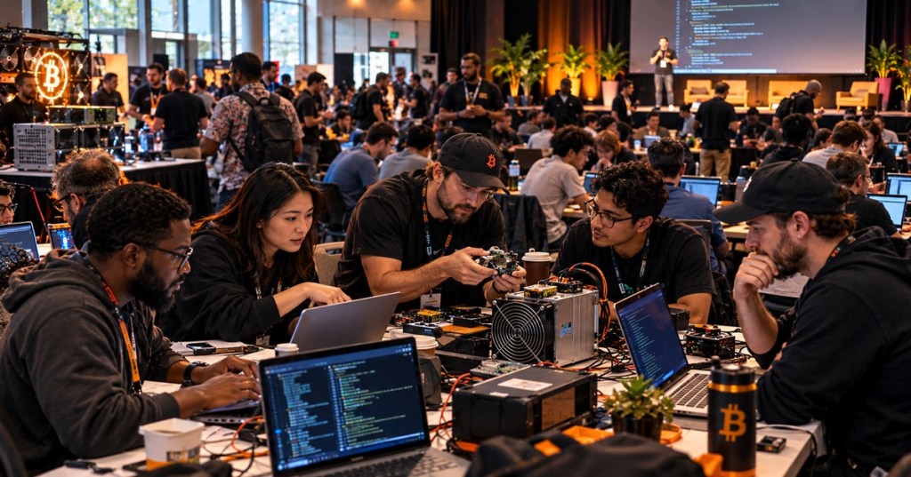 Bitcoin developer conference scene with laptops, open-source code, and mining hardware on display