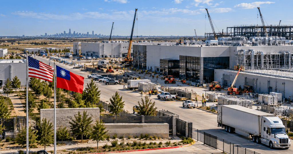 Realistic editorial image of a large Texas industrial technology campus under construction with U.S. and Taiwan flags, cranes, manufacturing buildings and freight vehicles.