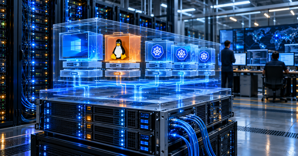 Wordless editorial visualization of Windows and Linux virtual machines alongside Kubernetes workloads on data center hardware