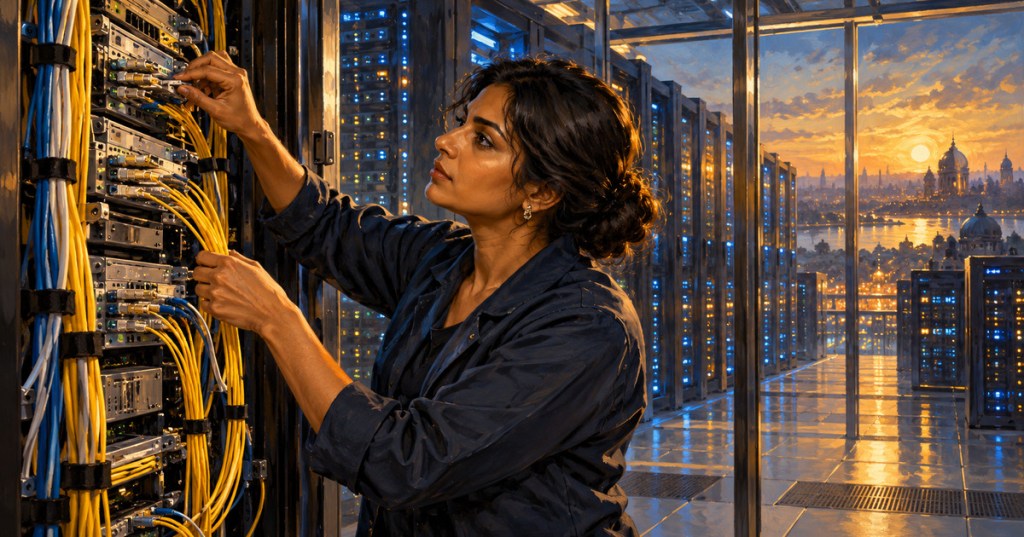 Oil-painting illustration of an Indian woman technician working on fiber connections inside a data center at sunset