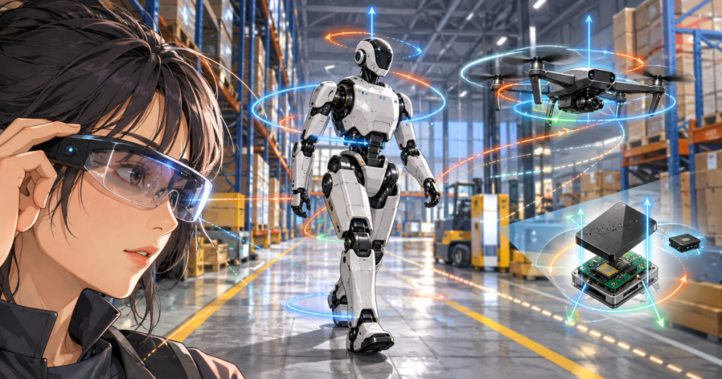 Anime-style editorial illustration of a humanoid robot, drone and smart-glasses user navigating with motion sensors and orientation tracking in a warehouse.