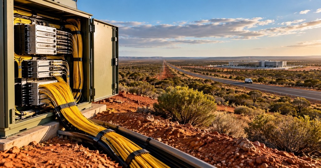 Photorealistic editorial image of long-haul fiber infrastructure crossing the Australian outback toward data center facilities