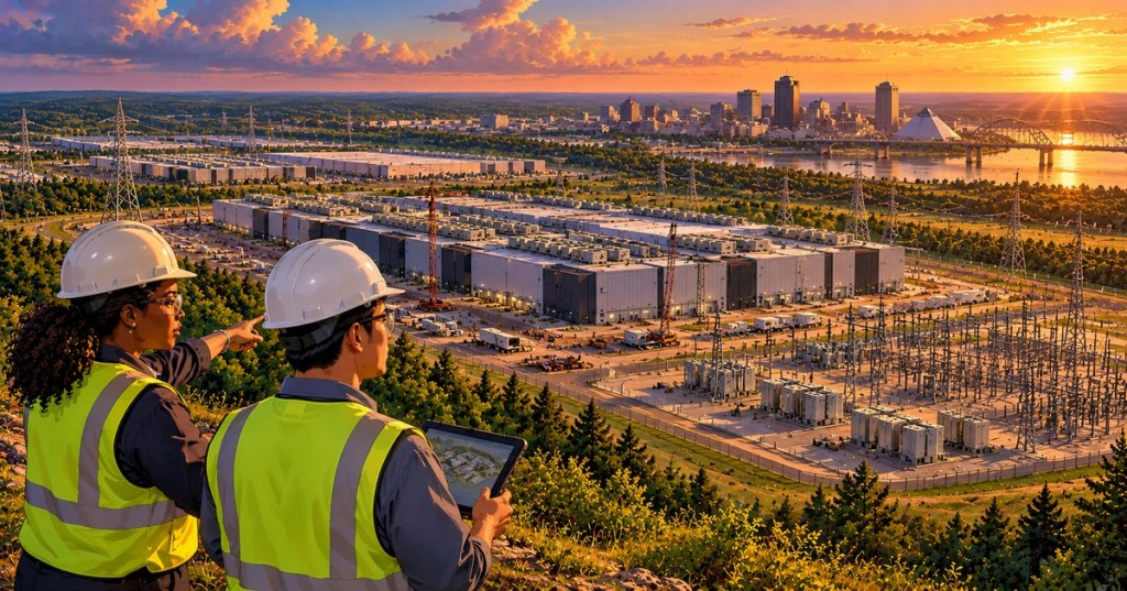 Original illustrative photo-anime scene of two engineers overlooking a large data center campus and power substations near a river and Memphis-inspired skyline at sunset