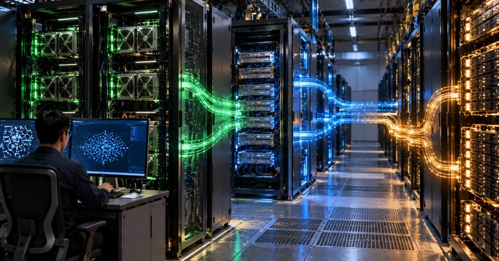 Editorial data-center scene showing AI servers sharing cached inference state across memory and storage tiers.