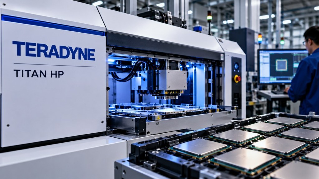 Automated semiconductor test equipment screens high-power processor packages in a production laboratory.