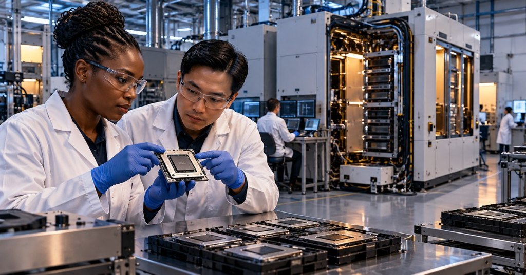 Semiconductor test engineers inspect a high-power AI processor in a modern automated test laboratory.