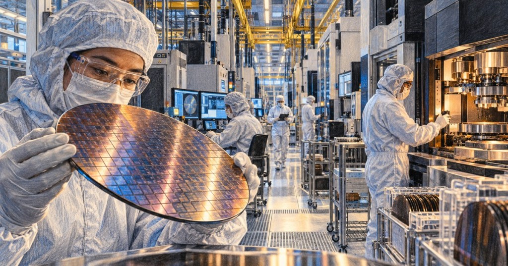 Color-pencil editorial illustration of a semiconductor cleanroom technician inspecting a patterned silicon wafer with chip-manufacturing equipment in the background.