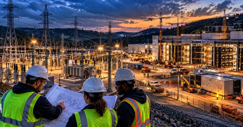 Conceptual editorial image of engineers studying a power-grid construction plan at a large substation and data-center campus during sunset, illustrating TeraWulf's Kentucky power expansion, not a photograph of Muskie