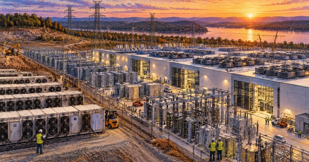 Editorial illustration of a large AI data center and power campus in a river valley, representing TeraWulf's Kentucky expansion.