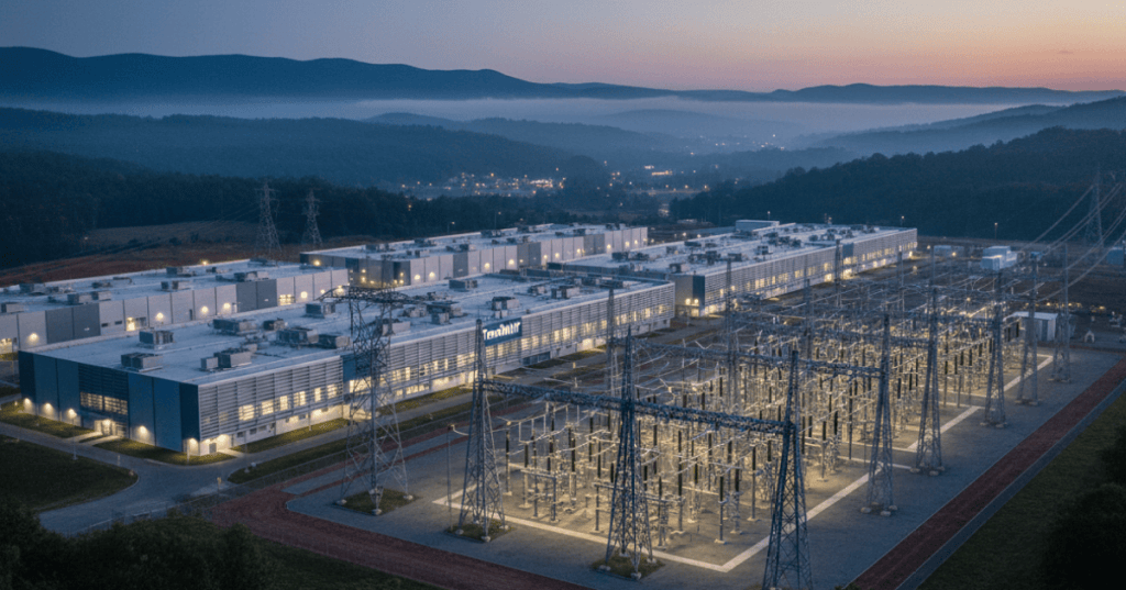TeraWulf-style hyperscale data center and high-voltage substation representing the Muskie campus expansion to 1 GW in Kentucky.