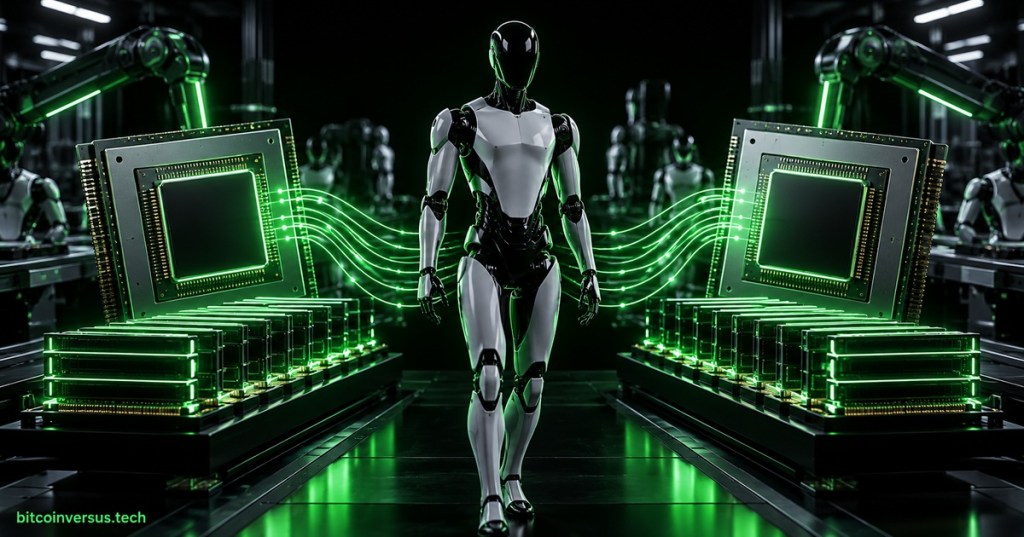 Humanoid robot in an AI chip and memory production line representing Tesla AI5 memory changes for Optimus
