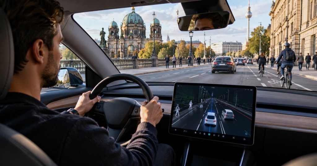 Driver supervises an advanced driver-assistance system while traveling through a European city in an electric car.