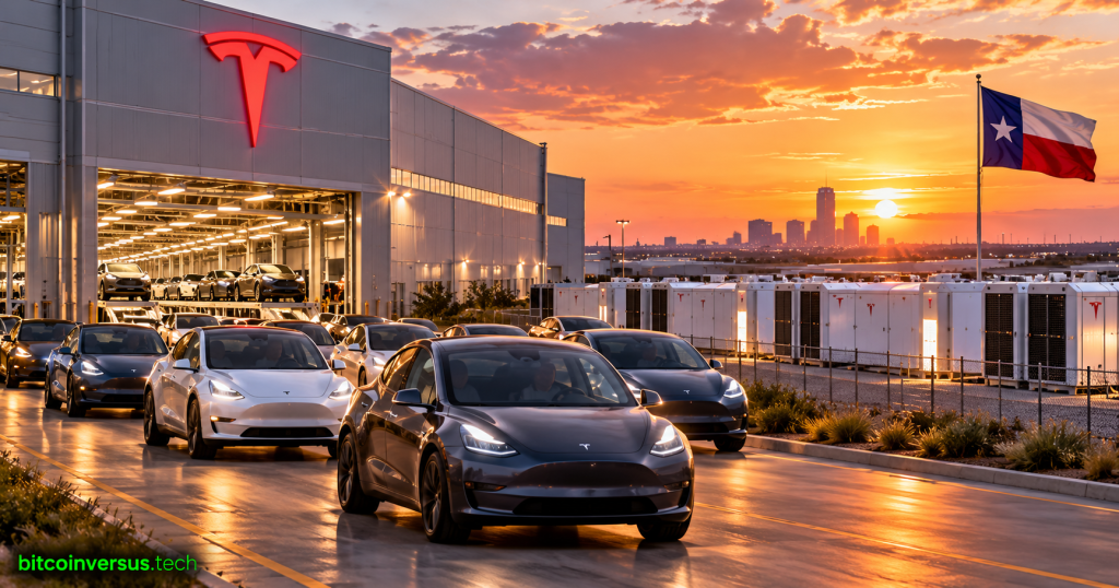 Tesla electric vehicles leaving a Texas factory beside battery energy storage at sunset, representing Q3 2026 deliveries and 13.7 GWh storage deployments