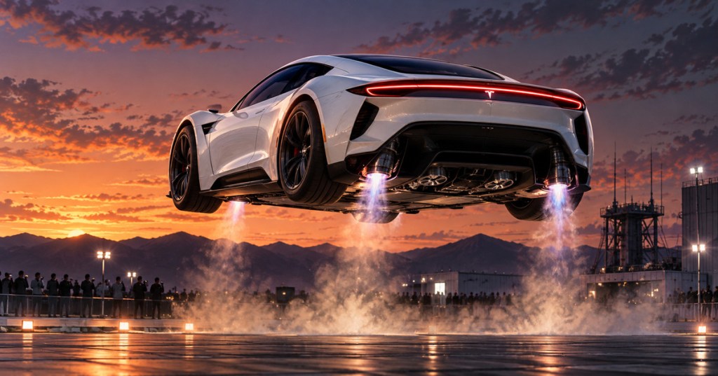 Anime-style editorial illustration of a white next-generation Tesla Roadster briefly airborne above a closed test surface at dusk.