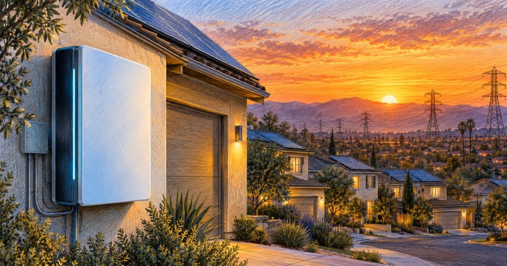 Original color-pencil illustration of a home battery, rooftop solar and California homes at sunset.
