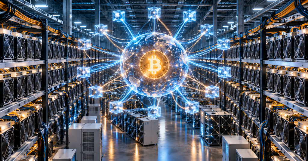 Wordless editorial illustration of ASIC mining racks connected through a shared digital network